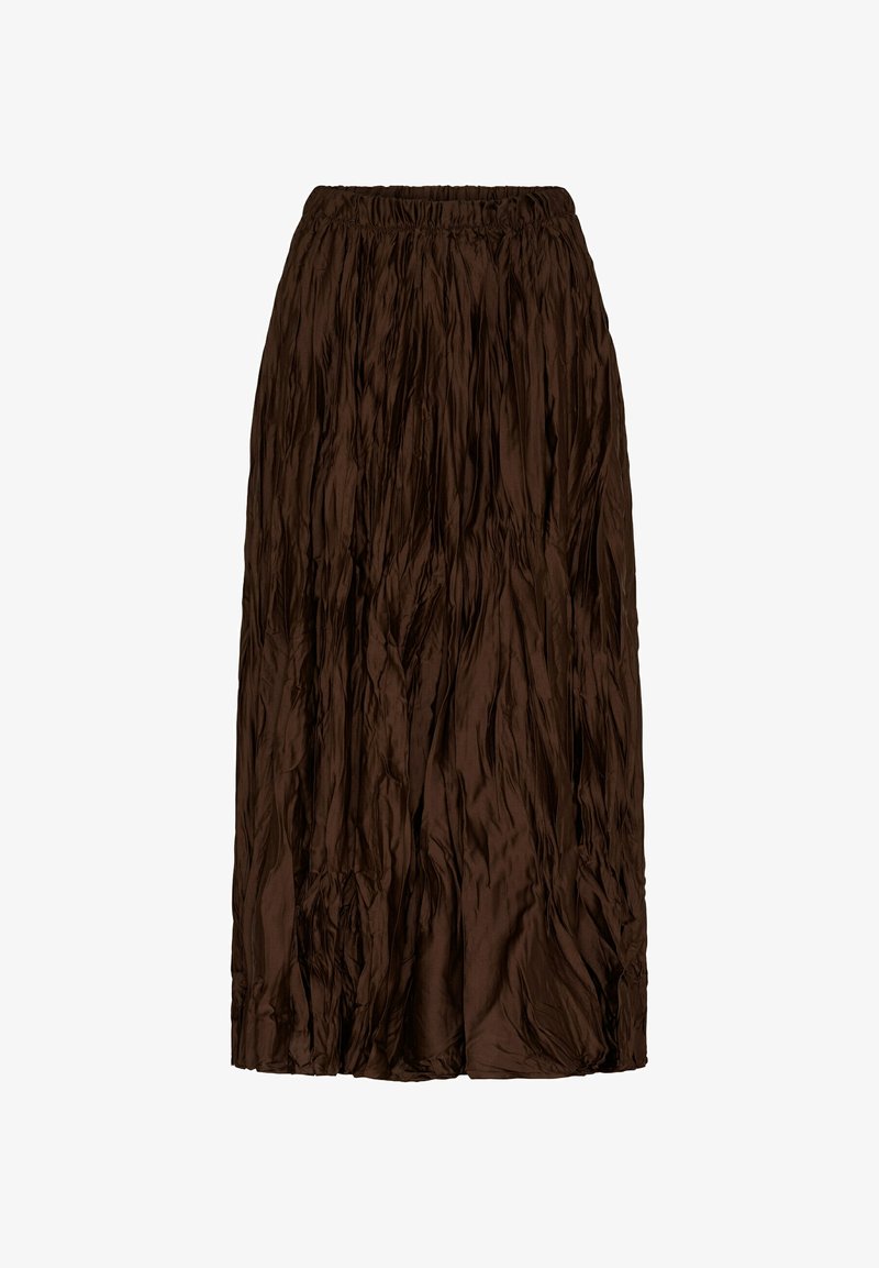 Brun, plisseret nederdel lavet af let, tekstureret materiale med elastisk talje, der falder til midt på læggen.