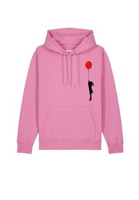 Roze hoodie van zacht materiaal, met een voorste kangoeroezak en een zwarte silhouet van een kind dat een rode ballon vasthoudt.
