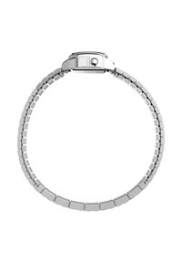 Silver metal watch with a round case and linked band. The band features rectangular links, and the face has a simple design with a crown.