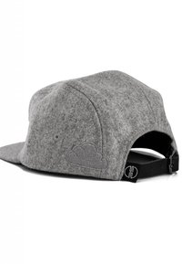 Gray felt cap with a solid structured shape, featuring a stitched cloud design and black adjustable strap at the back.