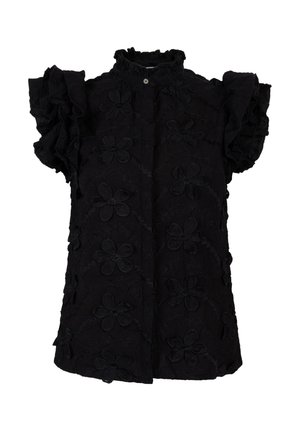Zwarte blouse met korte gerimpelde mouwen, bloemen-embossed textuur, kraag, knopen aan de voorkant en een relaxed fit ontwerp.