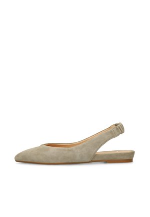 Beige suède platte slingback schoen met een puntige neus, elastische band en lage hak.