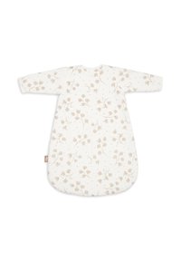 Saco de sommeil pour bébé à manches longues, blanc avec un motif floral beige et un fond arrondi, posé à plat sur un fond blanc.