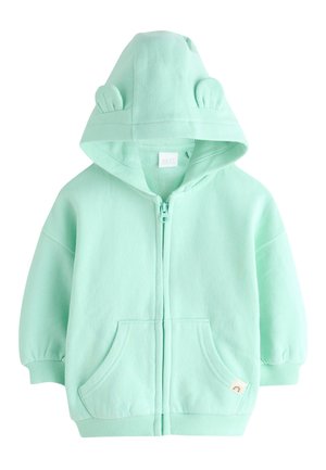Miętowa bluza rozpinana dla małego dziecka z kapturem, który ma dwie małe materiałowe uszy oraz przednie kieszenie.