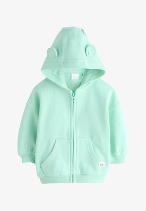 Mintgrøn toddler lynlås-hættetrøje med hætte, der har to små stofører og forlommer.