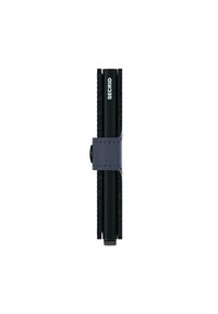 Portapenne nero con design elegante, realizzato in materiale durevole, dotato di una cinghia in pelle blu e un logo bianco ben visibile.