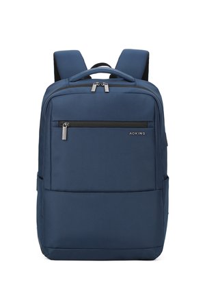 Navy blue backpack with a textured surface, two adjustable straps, a front zippered pocket, and a main compartment with dual zippers.