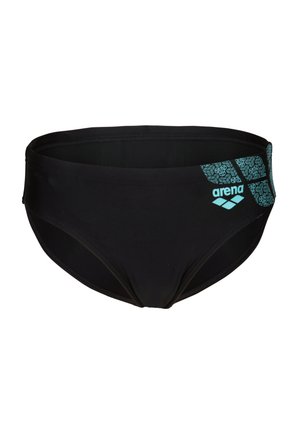 Slip da bagno da uomo nero con motivo geometrico turchese e logo Arena sull'anca destra.