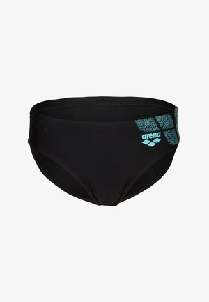Slip da bagno da uomo nero con motivo geometrico turchese e logo Arena sull'anca destra.