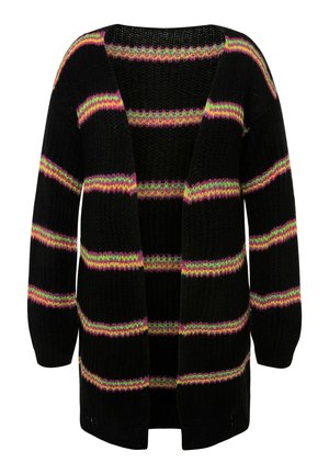 Strikket cardigan med åben front, med sort bund og flerfarvede vandrette striber i pink, grøn og gul. Lange ærmer, struktureret stof.