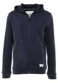 Felpa con zip di colore navy in morbido misto cotone, con cappuccio foderato, lacci, tasche frontali e etichetta del logo all'orlo. Texture liscia e design casual.