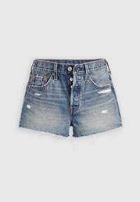 Short en denim bleu avec ourlets effilochés, braguette à boutons, poches avant et petits détails usés sur les deux jambes.