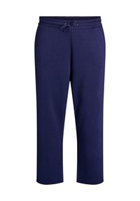Navy blue, mid-length sweatpants made of soft fabric, featuring an elastic waistband with a drawstring and ribbed cuffs.
