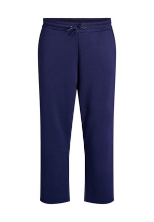 Navy blue, mid-length sweatpants made of soft fabric, featuring an elastic waistband with a drawstring and ribbed cuffs.