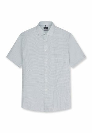 Men’s short-sleeve, button-up shirt with small checkered pattern in light gray and white, featuring a collar and a front chest pocket.
