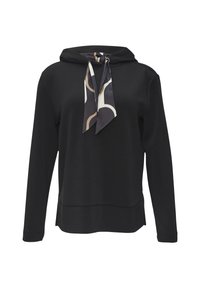 Zwarte hoodie van zachte stof, met een contrasterende, gemusterde sjaal die om de nek is geknoopt. Comfortabele pasvorm met lange mouwen.