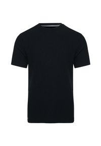 Schwarzes, kurzärmliges T-Shirt aus strukturiertem Stoff, mit Rundhalsausschnitt und nahtlosem Design sowie einem dezenten Logo am Saum.