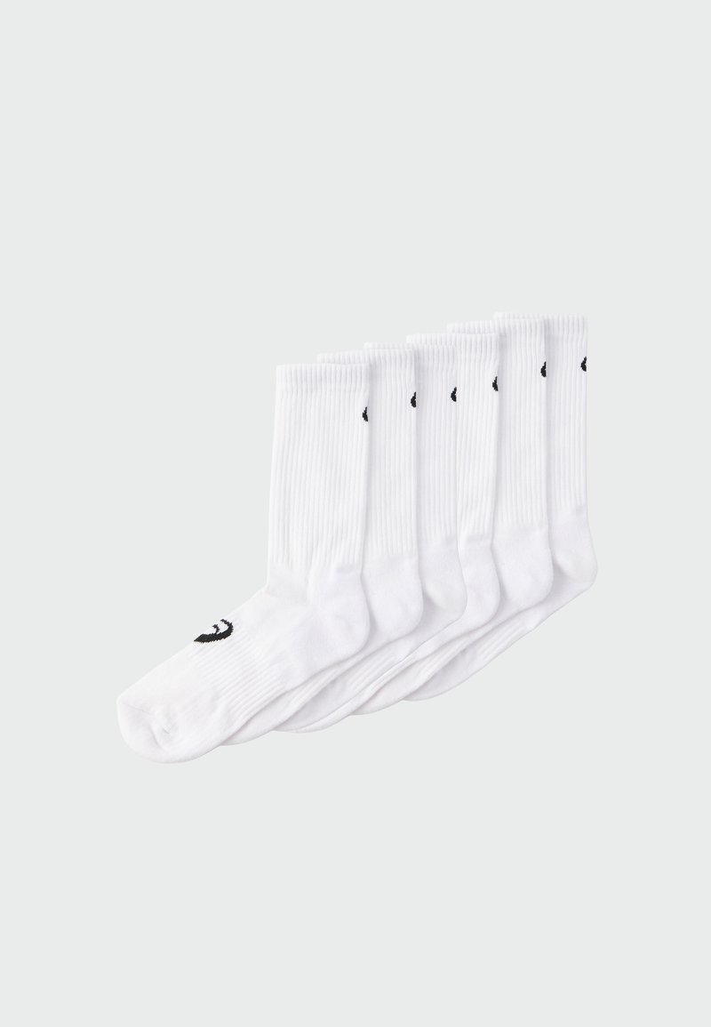 Sedem parov belih nogavic za posadko s črnimi logotipi, razporejenih v stopničasti vrsti na enostavni svetli podlagi.