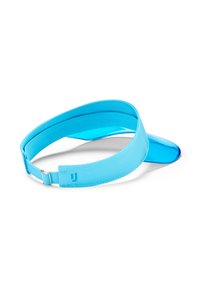 Modrý nastaviteľný športový čelenka s priesvitným zakriveným okrajom a textilným pásikom, zobrazený na bielom pozadí.