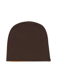 Brown knit beanie with a soft texture, rounded shape, and a slightly longer back. Interior features a contrasting orange lining.