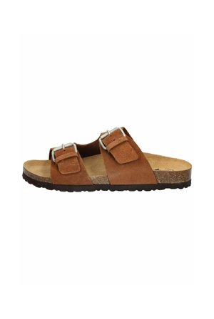 Brown suede sandal with two adjustable silver buckles and a cork footbed on a black textured sole.