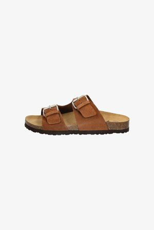 Brown suede sandal with two adjustable silver buckles and a cork footbed on a black textured sole.