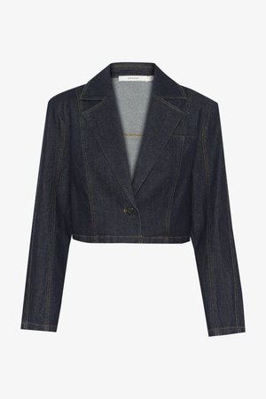 Izgriezts tumši džinsa žakets ar smailām atloks, viens pogas aizdare un kontrastējošiem dzelteniem šuvēm. Gluda tekstūra.