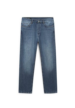 Blå denim jeans med lige snit, forreste knap- og lynlås lukning, to forlommer og en lille møntlomme.