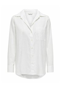 White long-sleeve button-up shirt made of linen with a collar, chest pocket, and a slightly rounded hem. Features a textured fabric.