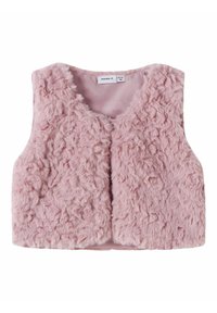 Faux fur rosa väst med en mjuk textur, öppen framsida och ärmlös design. Har ett slätt foder inuti och rundad halsringning.