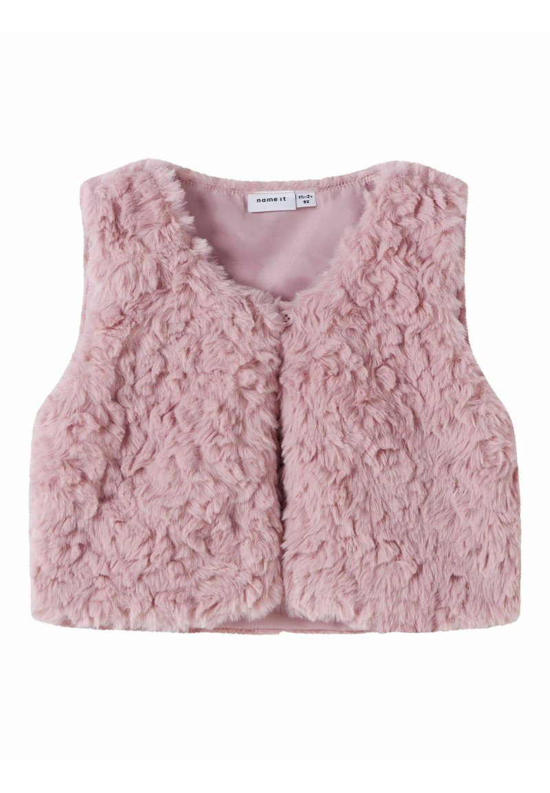 Faux fur rosa väst med en mjuk textur, öppen framsida och ärmlös design. Har ett slätt foder inuti och rundad halsringning.