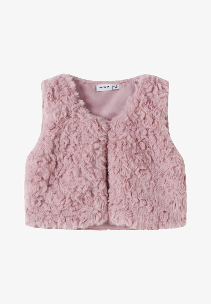 Rožinės dirbtinės odos liemenės su minkštu paviršiumi, atviru priekiniu dizainu ir be rankovių. Viduje yra lygus pamušalas ir apvalus iškirpimas.