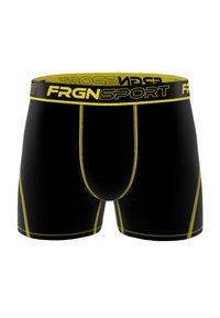 Shorts de boxeur noirs avec des coutures jaunes et une ceinture élastique jaune portant le logo "FRGNSPORT" imprimé en noir.