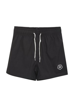 Costumi da bagno neri realizzati in tessuto leggero, dotati di una vita elasticizzata, cordoncino bianco e un piccolo logo sul lato sinistro in basso.