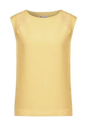 Geel T-shirt met korte mouwen, met een gestructureerd lijf, een gladde halslijn en geweven details op de schouderaccenten. Gemaakt van rekbare stof.