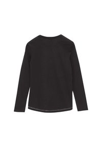 Zwarte lange mouwen top gemaakt van gladde stof, met een ronde halslijn, eenvoudig ontwerp en een rechte zoom met contrasterende stiksels.
