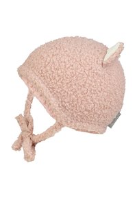 Pink, fluffy knit baby hat with textured surface, rounded shape, small ears, and chin ties for secure fit. Soft lining for comfort.