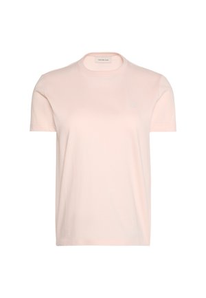 Lichtroze T-shirt met korte mouwen en ronde hals, met klein subtiel logo op de linkerborst en een Calvin Klein Jeans-label aan de binnenkant van de kraag.