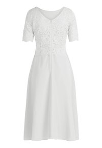 Robe midi blanche avec manches courtes en dentelle, corsage en dentelle, décolleté en V et jupe fluide et lisse.