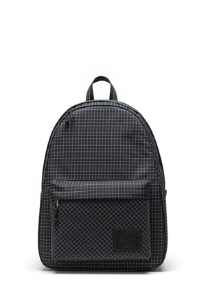 Black backpack with a grid pattern, featuring a front zip pocket and a top handle for carrying. Material has a textured finish.