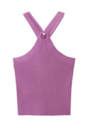 Top corto viola senza maniche in maglia a coste con spalline incrociate che si connettono attraverso un anello circolare sulla schiena.