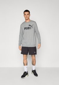 Grå langærmet sweatshirt med et sort logo, parret med sorte shorts og sorte sneakers. Hvide sokker med logodetaljer. Glat tekstur.