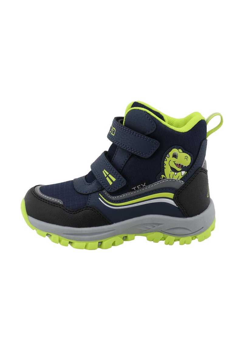 Hochschuh-Kinderschuhe in Marineblau mit limettengrünen Akzenten. Klettverschlüsse, strukturierte Materialien und ein Dinosauriergrafik an der Seite.