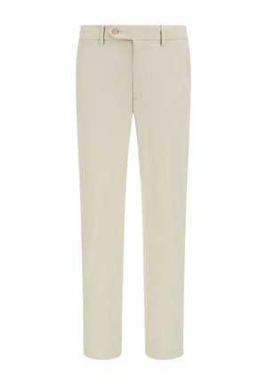 Beige Hosen mit gerade geschnittenem Bein, Reißverschluss und Knopfverschluss. Hergestellt aus glattem Stoff mit minimalen Nahtdetails.