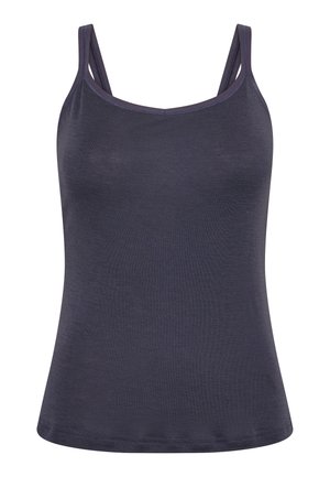 Marineblå cami-top med justerbare spaghetti-stropper, lavet af et glat, blødt stof; har en rund halsudskæring og en tætsiddende silhuet.