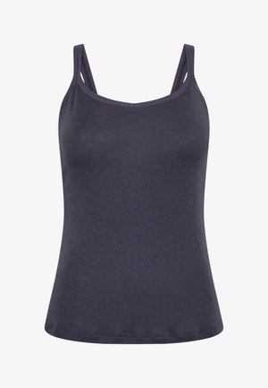 Marineblå cami-top med justerbare spaghetti-stropper, lavet af et glat, blødt stof; har en rund halsudskæring og en tætsiddende silhuet.