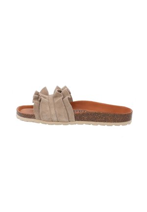 Light beige suede slides feature a textured, ruffled upper with a cork sole and a solid rubber outsole. Minimalist design with an open toe.
