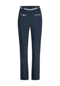 Pantalons bleu marine en tissu lisse, avec une taille rayée blanche, deux poches avant avec fermeture éclair, et une coupe ajustée.