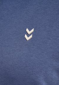 Deux formes de chevrons blanc brodés sur un tissu bleu, probablement une partie d'un vêtement ou d'un matériau textile.