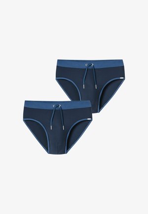 Deux slips de bain pour hommes bleu marine avec des ceintures taille bleu clair et des cordons de serrage, présentés sur un fond blanc.